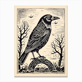 B&W Bird Linocut Crow 2 Canvas Print