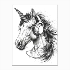 A Unicorn Listening To Music With Headphones Black & White 3 Canvas Print