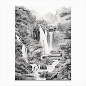 Nachi Falls In Wakayama, Ukiyo E Black And White Line Art Drawing 1 Canvas Print