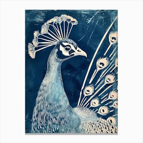 Blue Linocut Inspired Peacock Portrait 1 Canvas Print