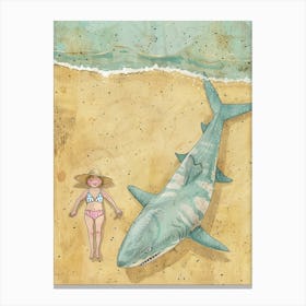 Shark Sunbathing On The Beach With A Human Illustration Canvas Print