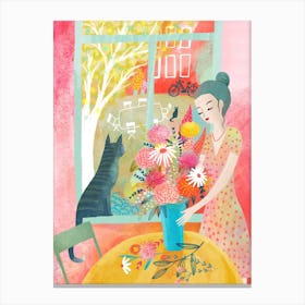 Arrangeing Flowers With Two Cats Canvas Print
