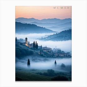 Landscape Melding Fog Covered Villages With Silhouettes Of Trees And Buildings Against A Misty Backd Canvas Print