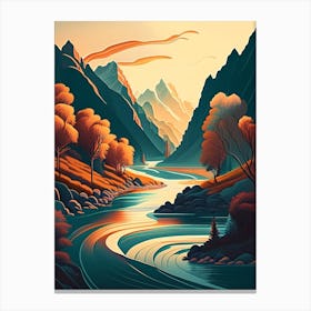 River Current Landscapes Waterscape Retro Illustration 1 Canvas Print