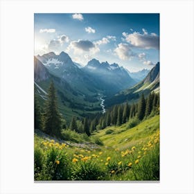 A Panoramic View Of A Dynamic Alpine Landscape Transitioning From Spring To Summer Featuring Idylli (5) Canvas Print