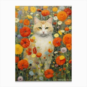Flower Garden And A White Cat, Inspired By Klimt 3 Canvas Print