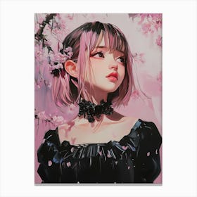 Anime Girl In Black Dress - under sakura Canvas Print