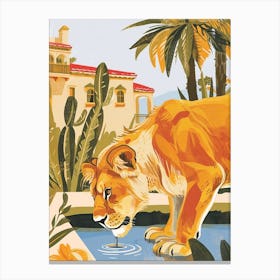 African Lion Drinking From A Watering Hole Illustration 1 Canvas Print