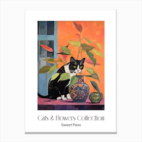 Cats & Flowers Collection Sweet Pea Flower Vase And A Cat, A Painting In The Style Of Matisse 3 Canvas Print