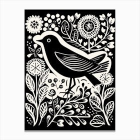 B&W Bird Linocut Blackbird 2 Canvas Print