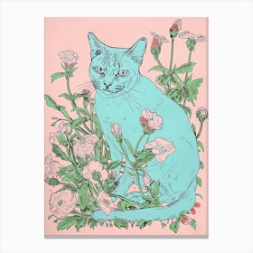 Cute Burmese Cat With Flowers Illustration 1 Canvas Print