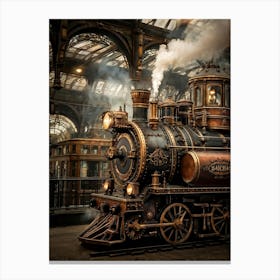 Steampunk Train Brass And Copper Embellishments Gears Visible Beneath Glass Panels Steam Billowin Canvas Print