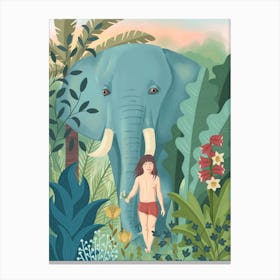 Boy and Elephant In The Jungle Canvas Print