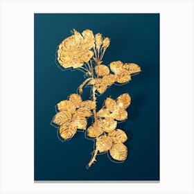 Vintage Damask Rose Botanical in Gold on Teal Blue n.0005 Canvas Print