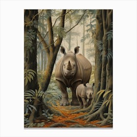 Rhino & Baby Rhino Exploring The Forest Realistic Illustration Canvas Print
