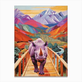 Rhino Crossing A Wooden Bridge With Mountain In The Background 3 Canvas Print