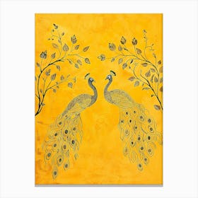 Peacocks On A Yellow Background Canvas Print