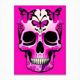 Skull With Butterfly Motifs Pink Pop Art Canvas Print