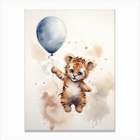 Baby Tiger Flying With Ballons, Watercolour Nursery Art 2 Canvas Print