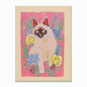 Cute Burmese Cat With Flowers Illustration 2 Canvas Print