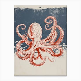 Retro Linocut Inspired Red & Navy Octopus 4 Canvas Print