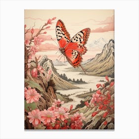 Pink Blush Flowers Butterfly Japanese Style Painting 2 Canvas Print