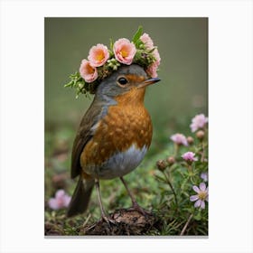 Robin With Flower Crown 3 Canvas Print