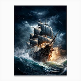 Pirate Ship In Stormy Sea Canvas Print