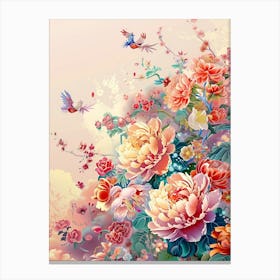 This Is A Poster Depicting A Hundred Flowers In Bloom, Azaleas, Chrysanthemums, Orchids, Peonies, Roses Flying In The Sky, A Chinese Garden, With A Light Pink And Light Beige Gradient In The Background, A Dreamy Scene, A Masterpiec Lienzo