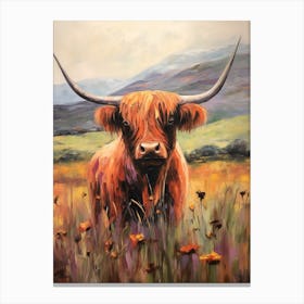 Warm Floral Impressionism Style Painting Of Highland Cow 1 Canvas Print