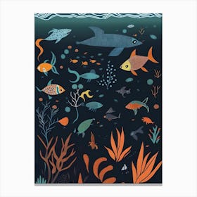 Underwater Ocean Animals Sea Sea Creature Fishes Watercolor Aquatic Ocean Life Marine Nature Canvas Print
