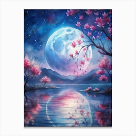 A Glowing Full Moon Illuminating Crimson Blossoms (1) Canvas Print