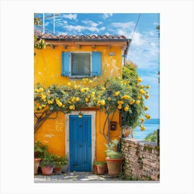 Yellow House With Blue Shutters Canvas Print