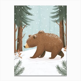 Brown Bear Walking Through A Snow Covered Forest Storybook Illustration 7 Canvas Print