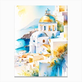 Santorini Greece Buildings Watercolour Pastel Tropical Destination Canvas Print