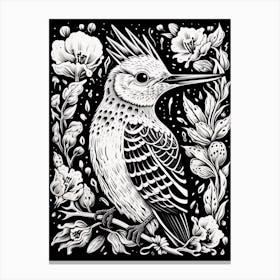 B&W Bird Linocut Hoopoe 4 Canvas Print