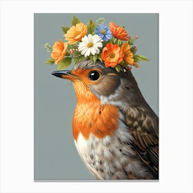 Robin With Flower Crown 5 Canvas Print