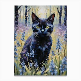 Black Cat Amongst Bluebells - Oil and Palette Knife Painting of A Beautiful Black Cat Sitting Among the April and May Day Flowers - Kitty, Cat Lady, Pagan, Feature Wall, Witch, Fairytale Tarot Bastet Beltane Colorful Painting in HD Canvas Print