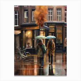 Amsterdam cafes, autumn season, rain, autumn oil colours.Faded colours,People passing on the street, winter clothes, rain umbrellas.8 3 Canvas Print