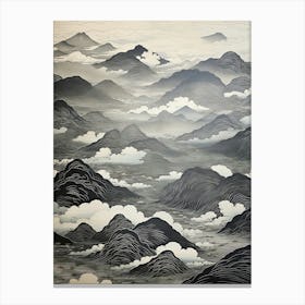 Yatsugatake Mountains In Yamanashi, Ukiyo E Black And White Line Art Drawing 1 Canvas Print