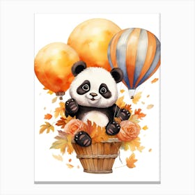 Panda Flying With Autumn Fall Pumpkins And Balloons Watercolour Nursery 3 Canvas Print