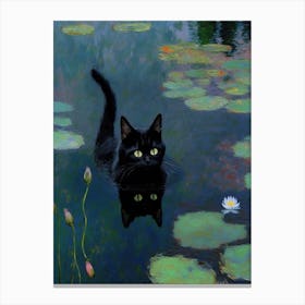 Monet  Style Water Lilies With Black Cat Canvas Print