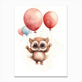 Baby Owl Flying With Ballons, Watercolour Nursery Art 4 Canvas Print