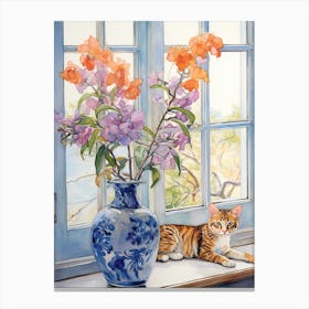 Cat With Peacock Orchid Flowers Watercolor Mothers Day Valentines 1 Canvas Print
