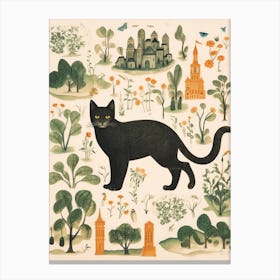 Medieval Style Map Of Black Cat In Garden Canvas Print