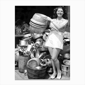 Girl With A Beer Barrel Vintage Black and White Photo Canvas Print