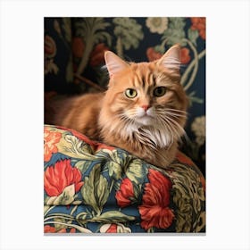 Realistic Photography Of Cat Resting On Floral Ottoman 2 Canvas Print