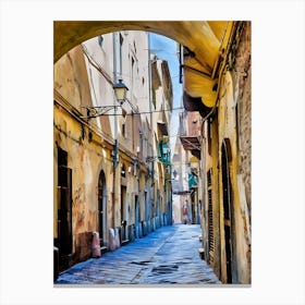 Pisa Hidden Alleyway Charm. A picturesque narrow alleyway in an Italian historic center, framed by an arched passageway. Warm tones and intricate architectural details evoke the timeless charm of Italy's old towns, with laundry lines and lanterns adding life to the serene scene. Canvas Print