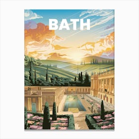 Anime Canvas Art: Charming Bath Scene with Roman Baths and Georgian Architecture Surrounded by Blooming Gardens, Ideal for Lofi and Historic Art Fans. Canvas Print