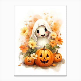 Cute Ghost With Pumpkins Halloween Watercolour 65 Canvas Print